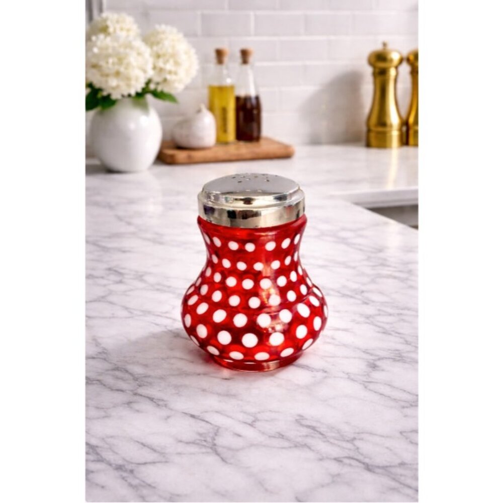 Fenton Glass sugar shaker‎ in the Cranberry Opalescent Dot pattern Kitchen Decor
